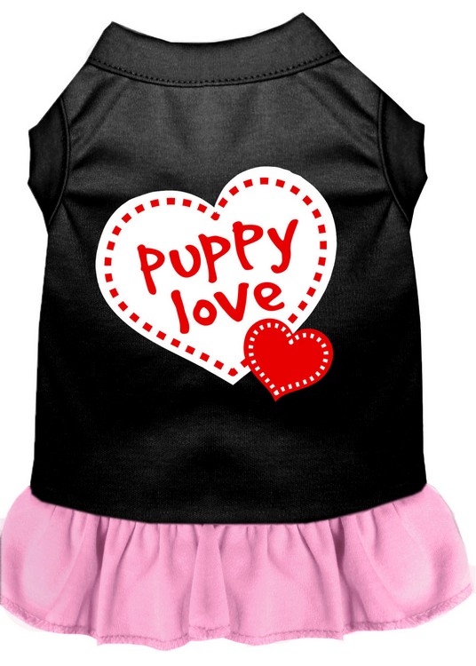 Puppy Love Screen Print Dog Dress Black with Light Pink XL